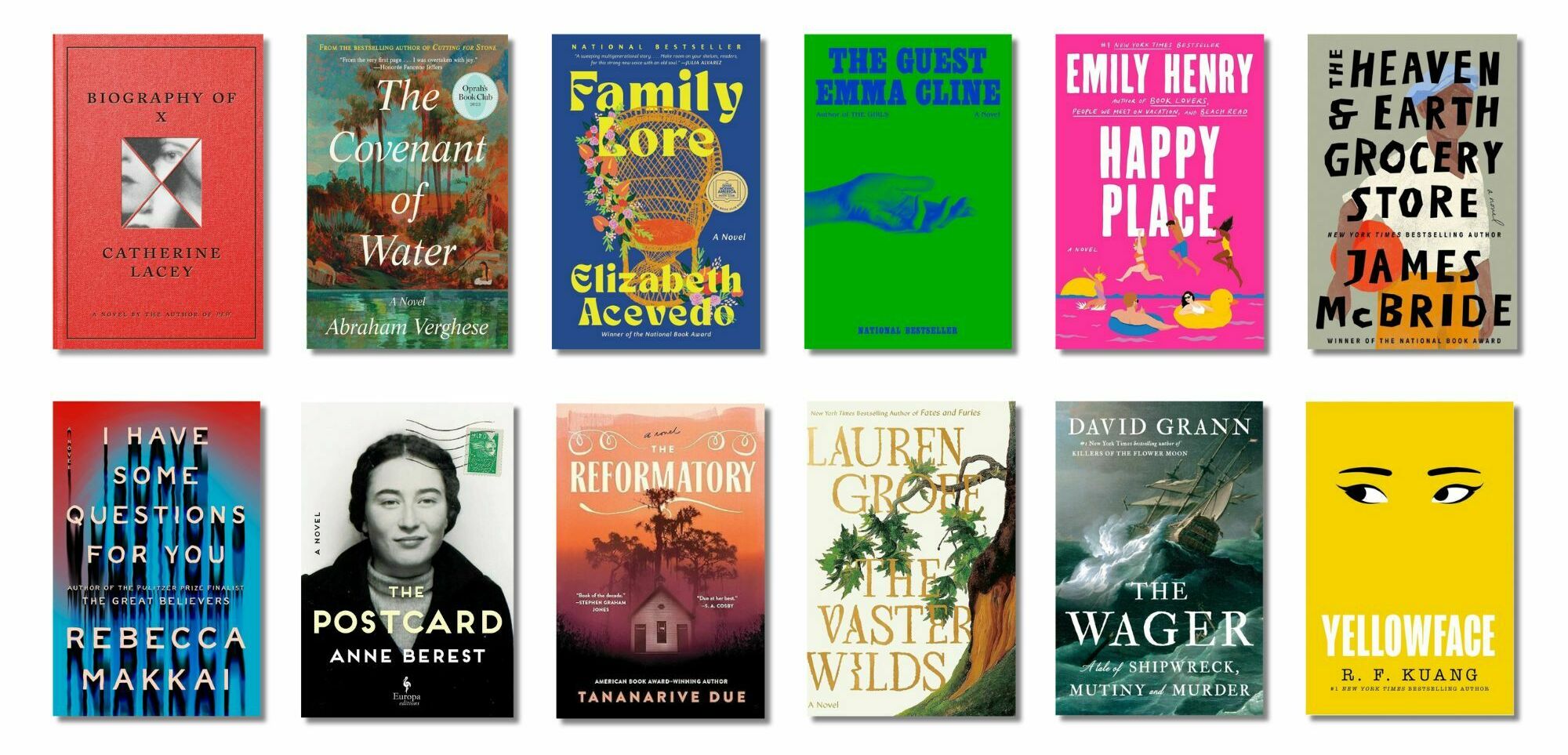 12 books lined up in two rows of six.