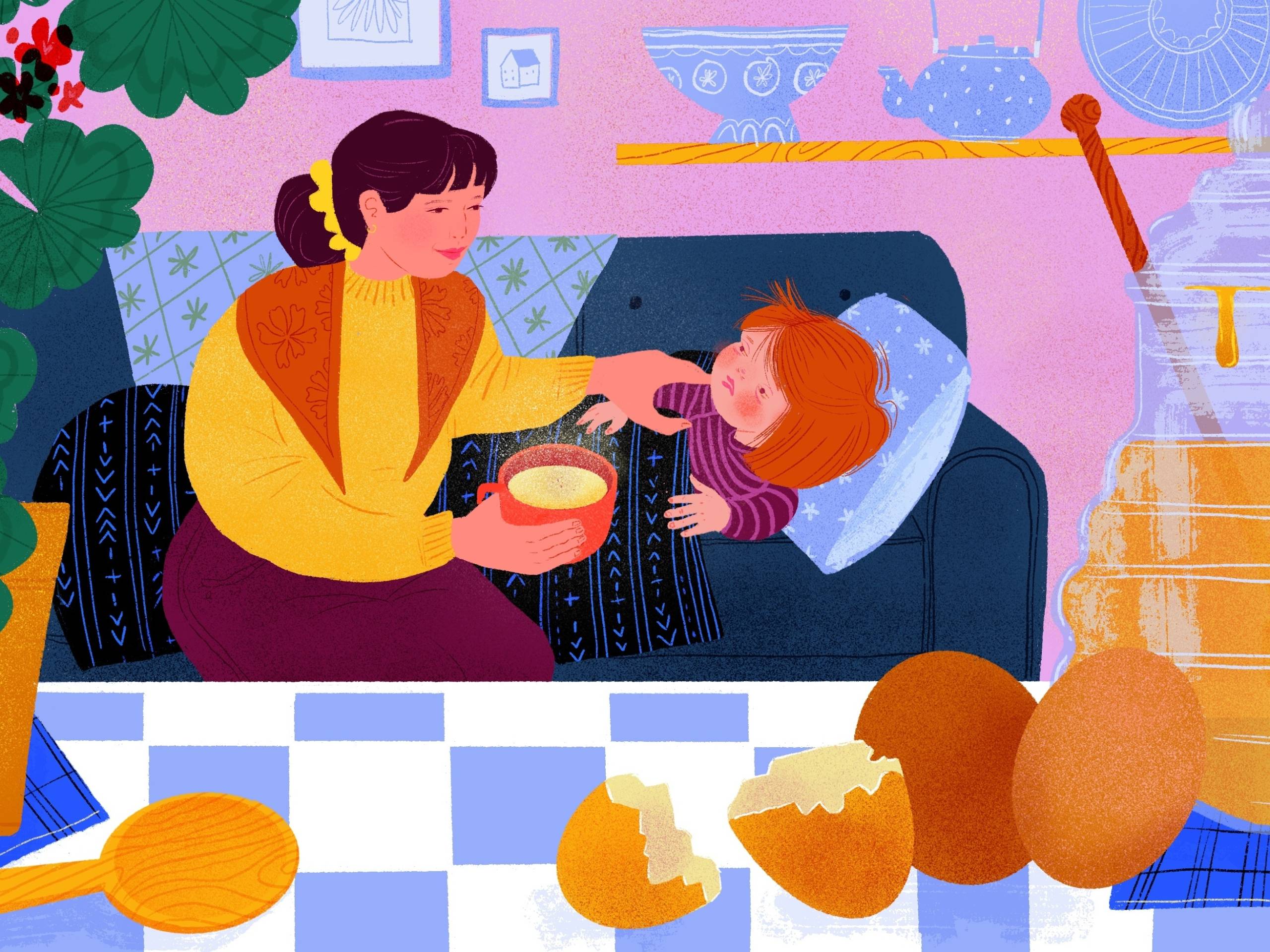 An illustration showing a mother feeding her child a hot cup of gogl-mogl.