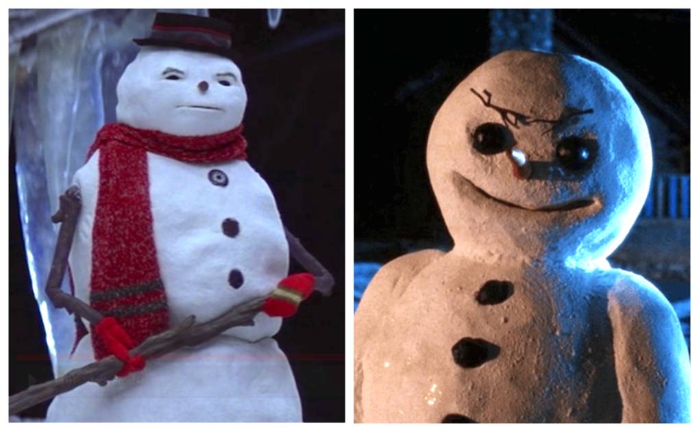 Two images side-by-side. One is of a snowman wearing a tie and a hat. The other is a snowman with twig eyebrows.