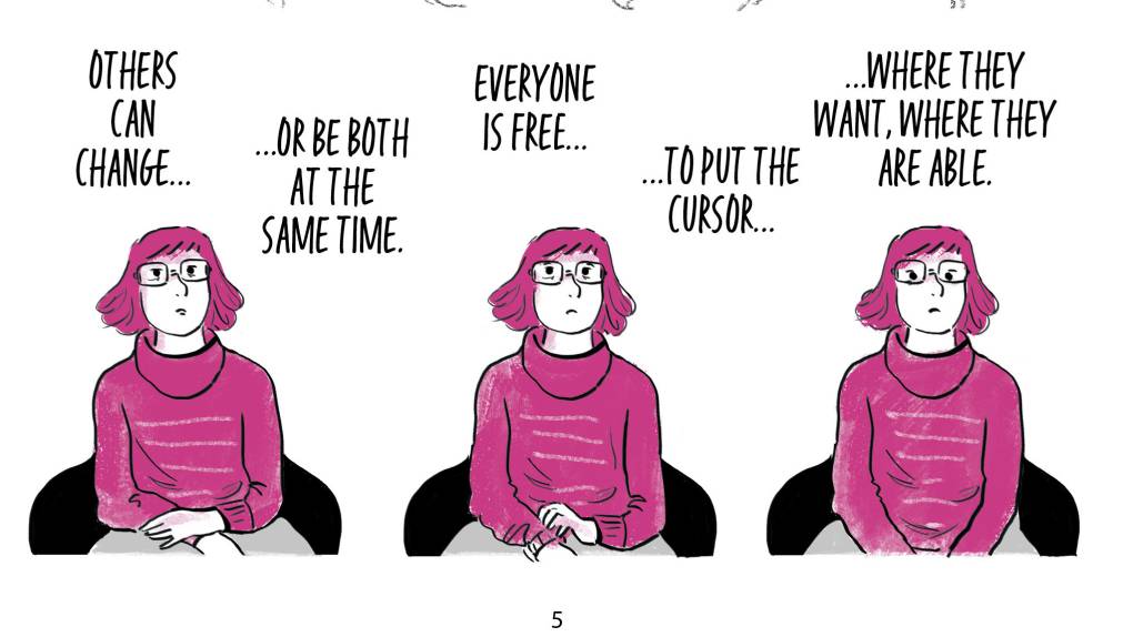 Three illustrations of a white woman with a pink bob and glasses. She is wearing a sweater the same color as her hair.