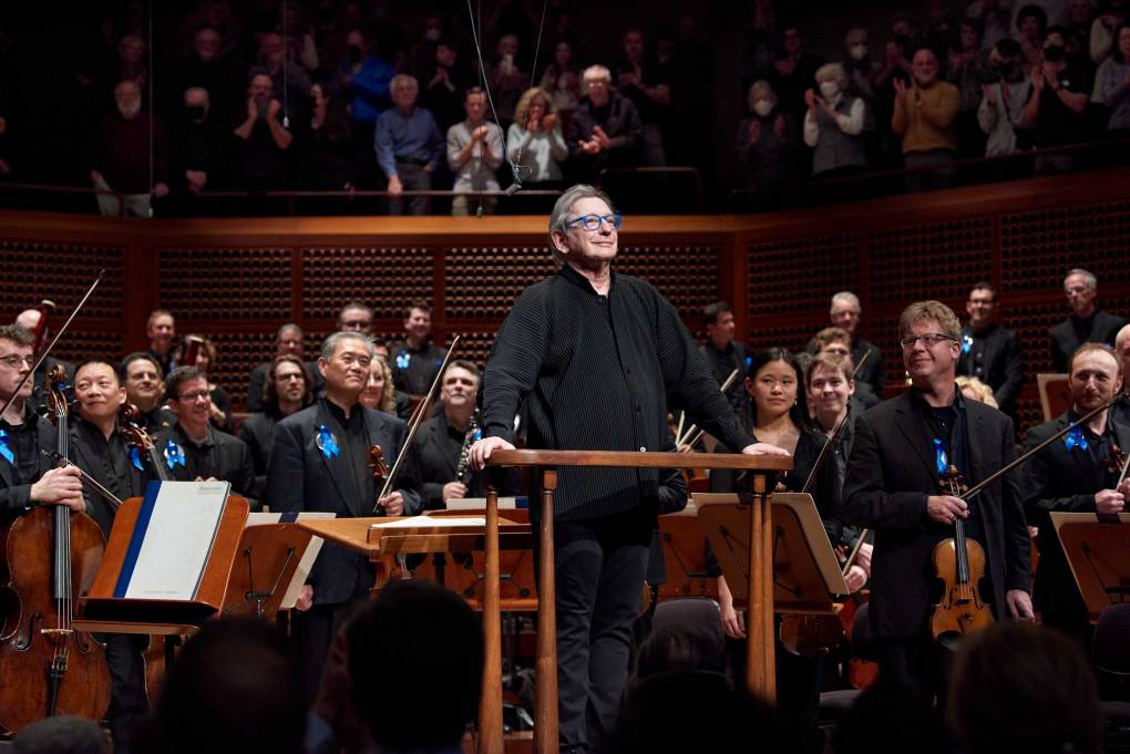 Michael Tilson Thomas stands for a seven-minute standing ovation at the close of the San Francisco Symphony's performance of Mahler's Symphony No. 5 on Thursday, Jan. 25, 2024, at Davies Symphony Hall.