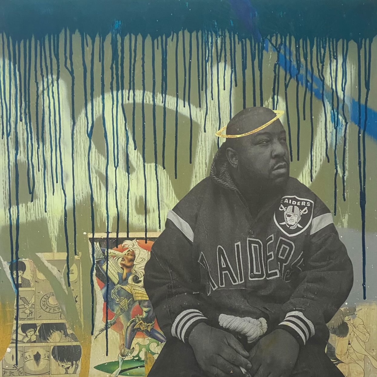 A collage with a photo of the Jacka in a Raiders jacket over a paint-drip background.