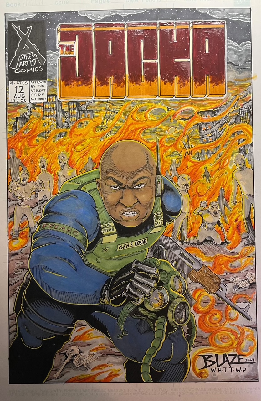 A comic-book style illustration depicting the Jacka as an action hero running with a tactical vest and gun. 