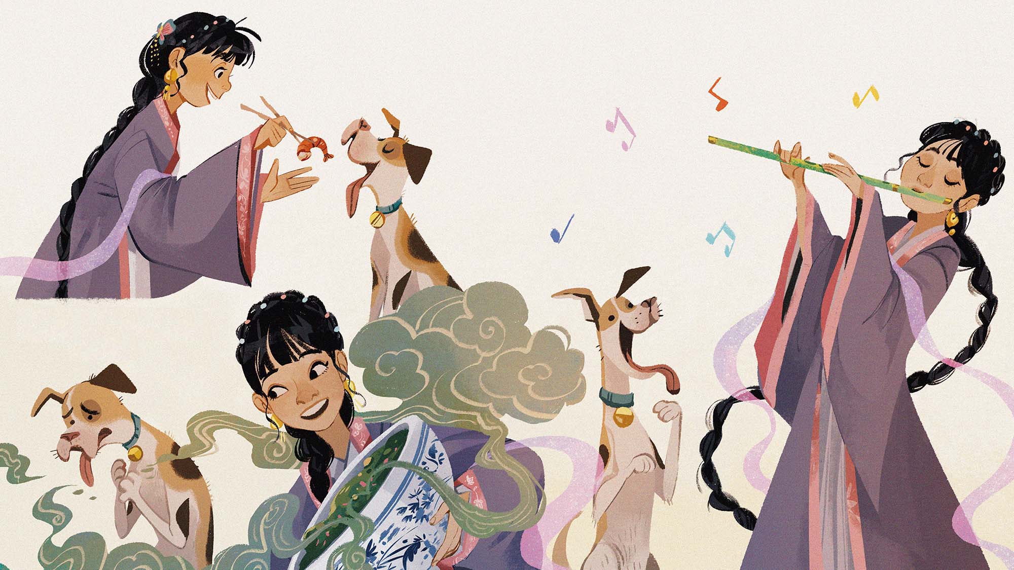 Illustration of a Chinese princess playing with her pet dog.