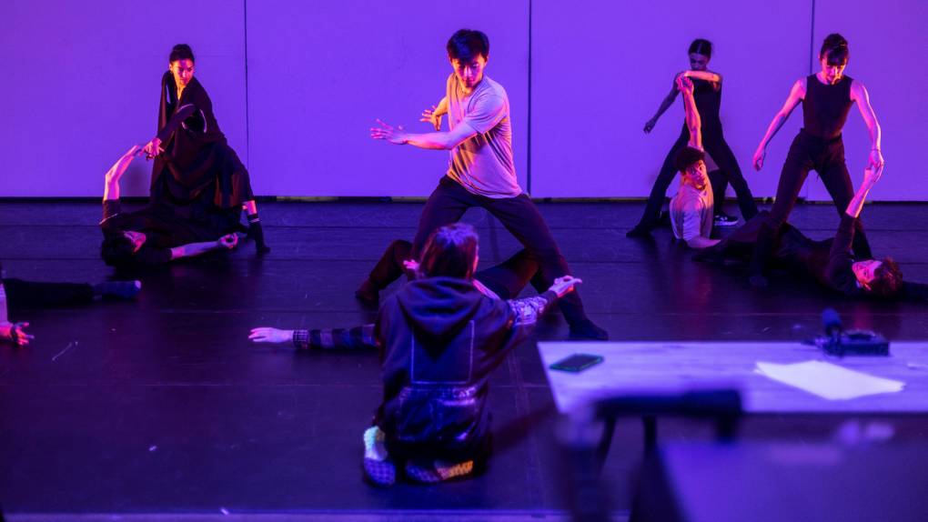 Dancers in various upright and on floor poses in pink and purple-lit room
