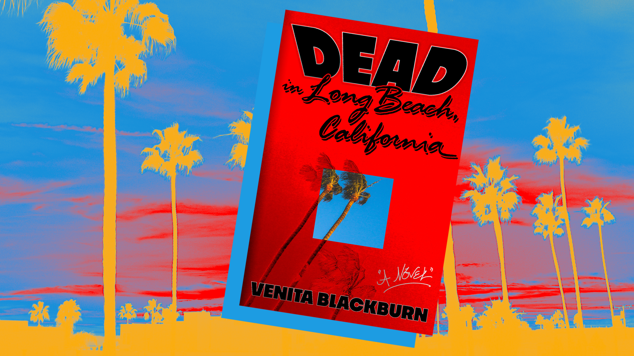 Bright red book cover against background of yellow palm trees and blue sky