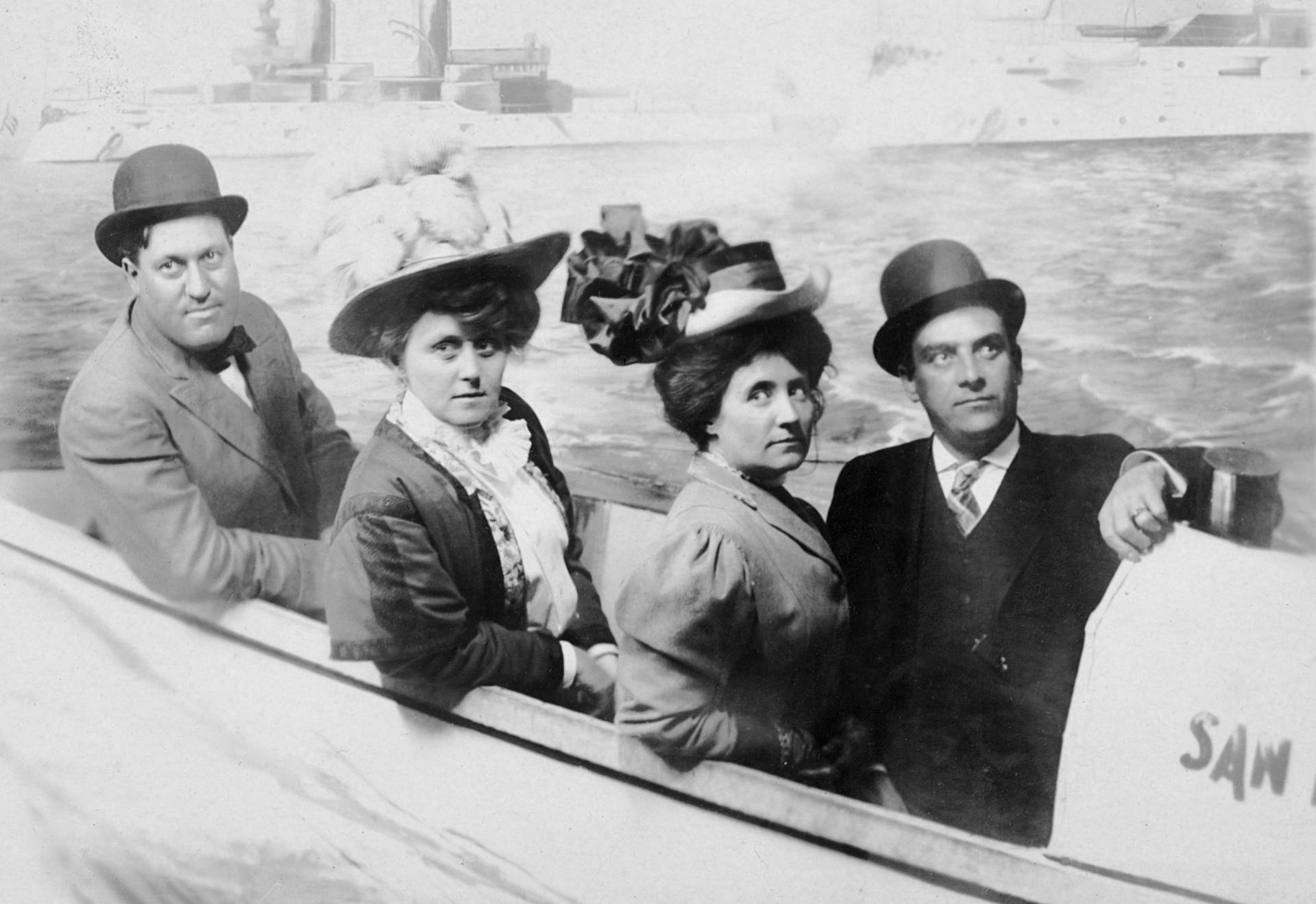 Two couples pose in a novelty photo in San Francisco, ca. 1900.