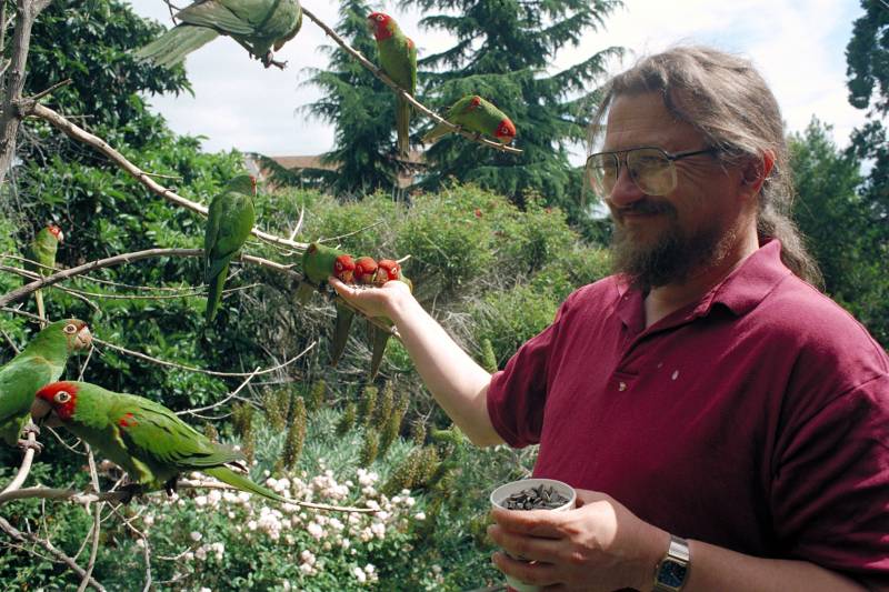 Man in red polo shirt holds cup of seeds and smiles while green and red parrots eat out of other hand