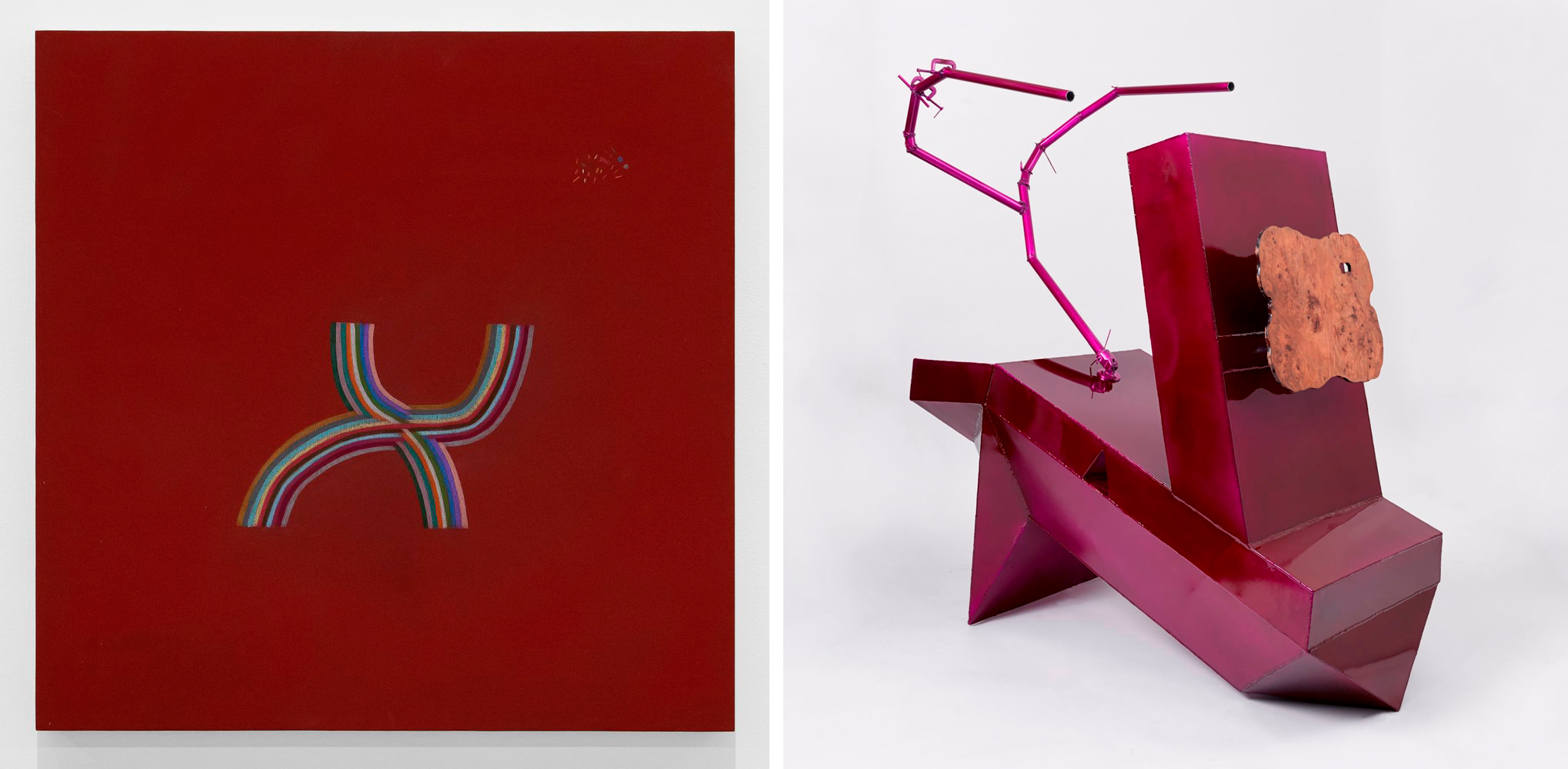 Composite of two artworks, one a deep red drawing on panel of two overlapping rainbows, the other a red metallic abstract sculpture