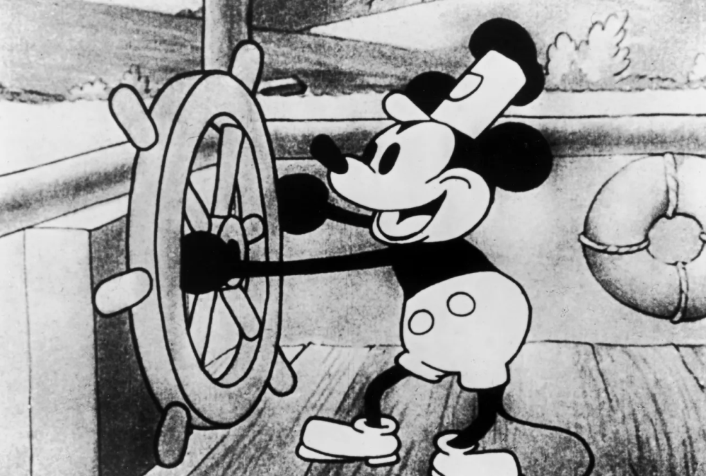 A black and white animation of a mouse wearing shorts and a hat and captaining a boat.