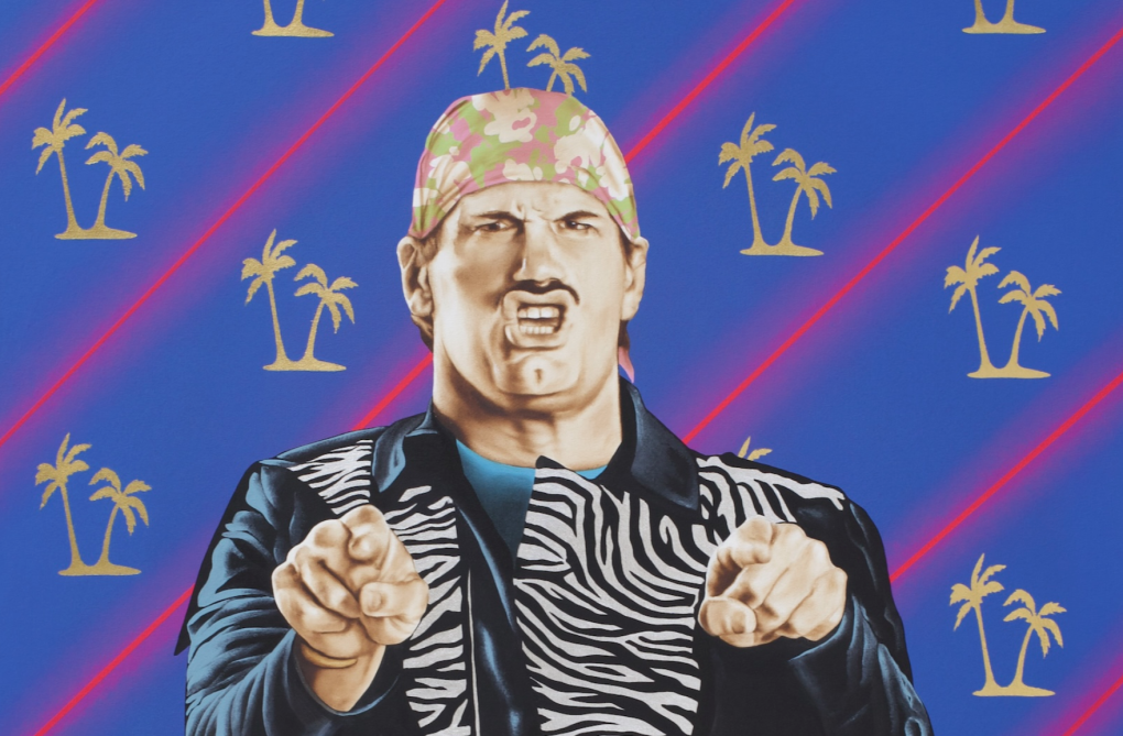 A colorful painting of man with a mustache, wearing a bandana on his head and a zebra-print leather jacket. He is pointing his fingers forward and saying something aggressively.