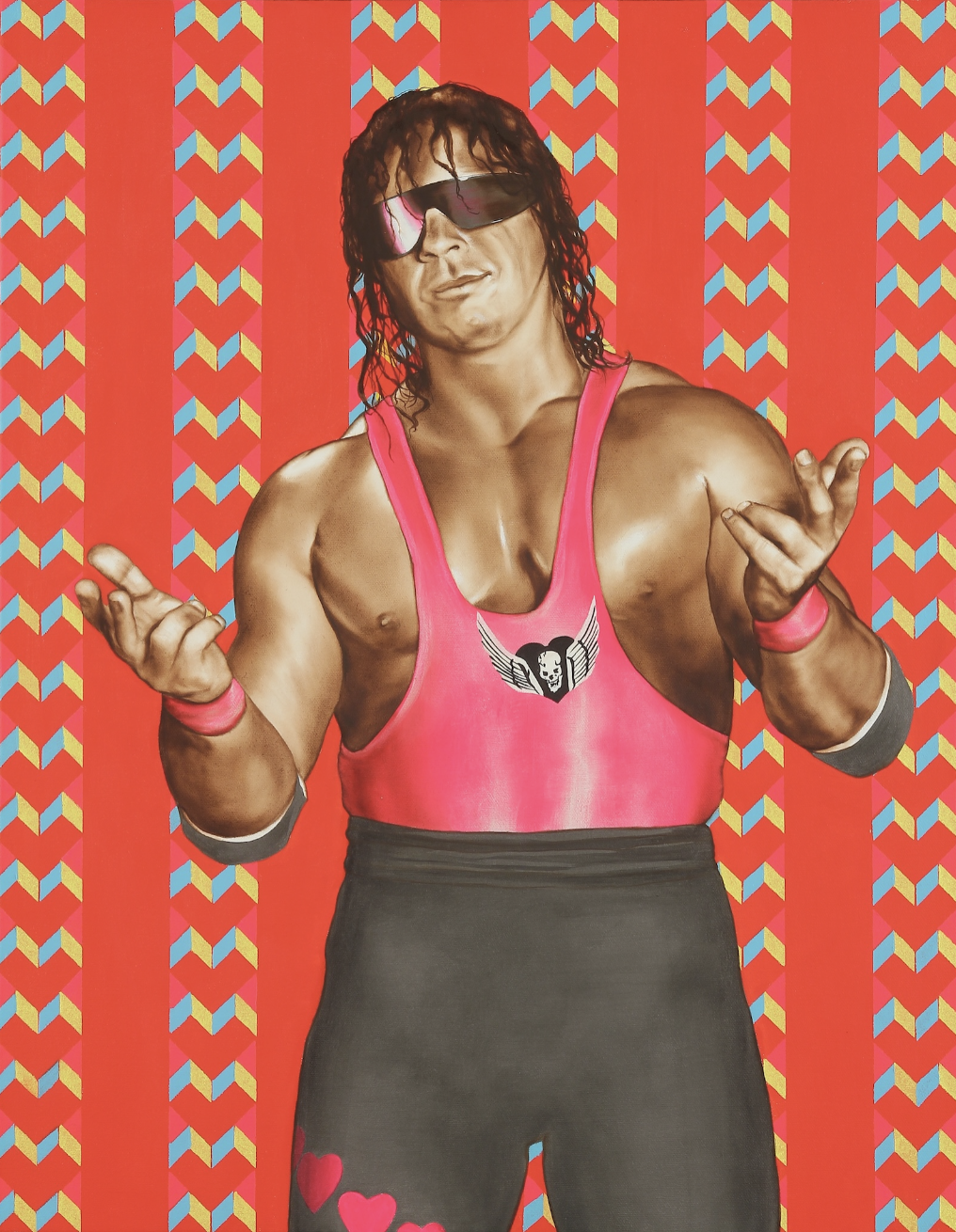 A brightly colored painting of a spandex-clad wrestler from the 1980s in front of a bright red background.