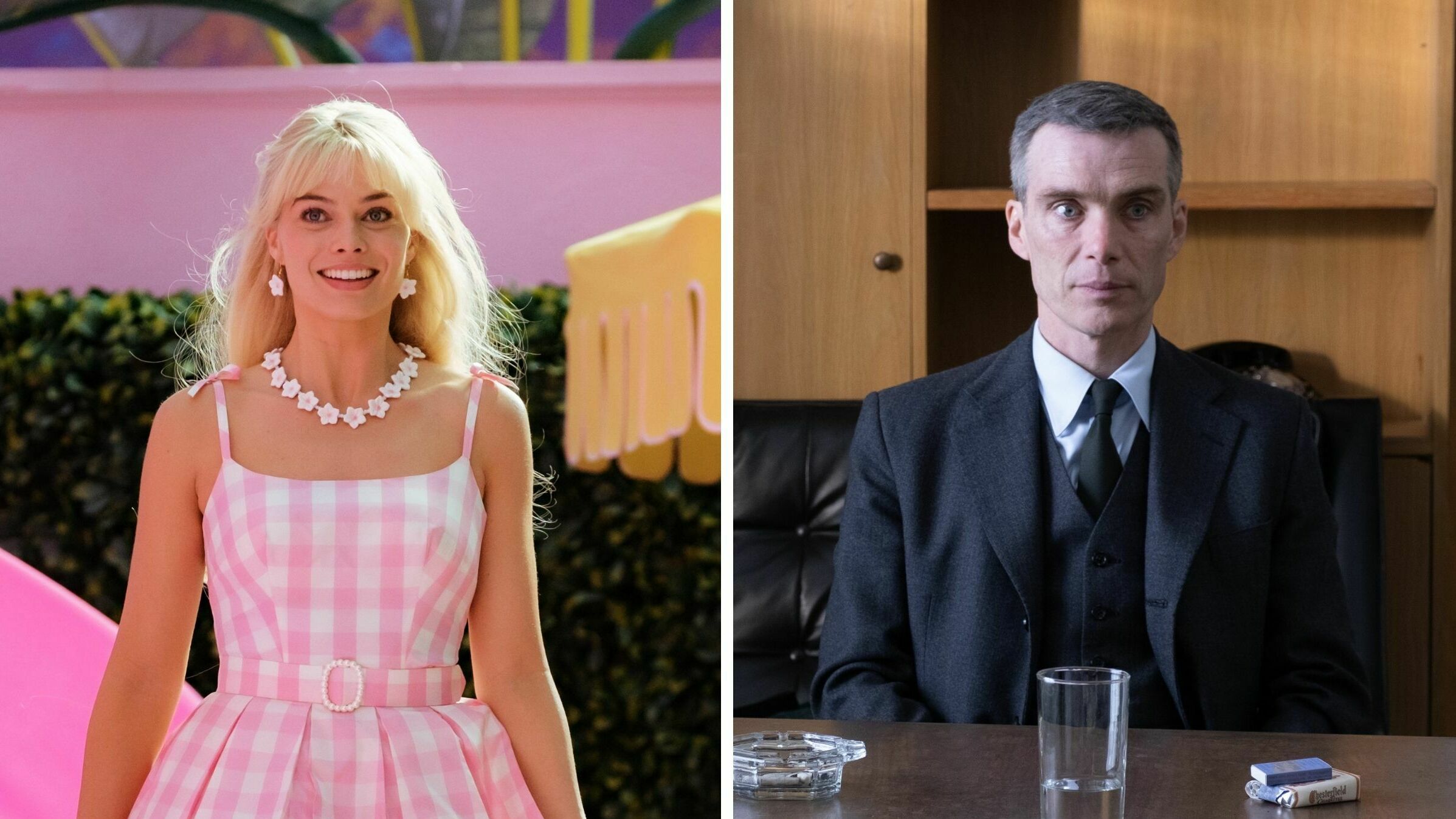 Two images side by side. One of a smiling blonde white woman in a pink dress, the other of a serious man sitting squarely at a brown desk.