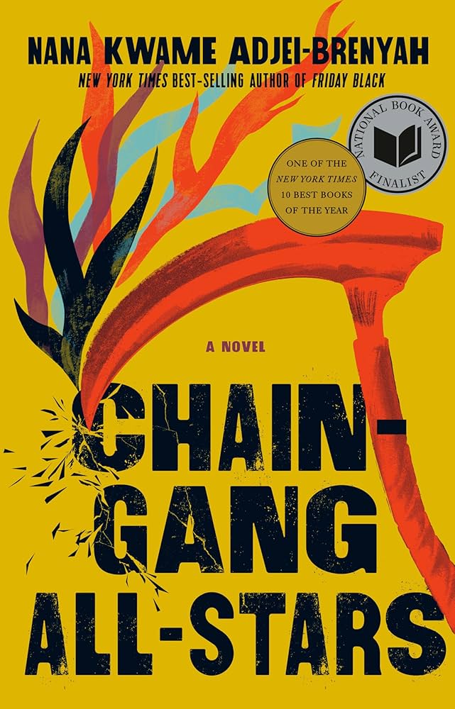 The cover of 'Chain-Gang All-Stars' features an abstract painting of a scythe with multicolored blood spraying from it.