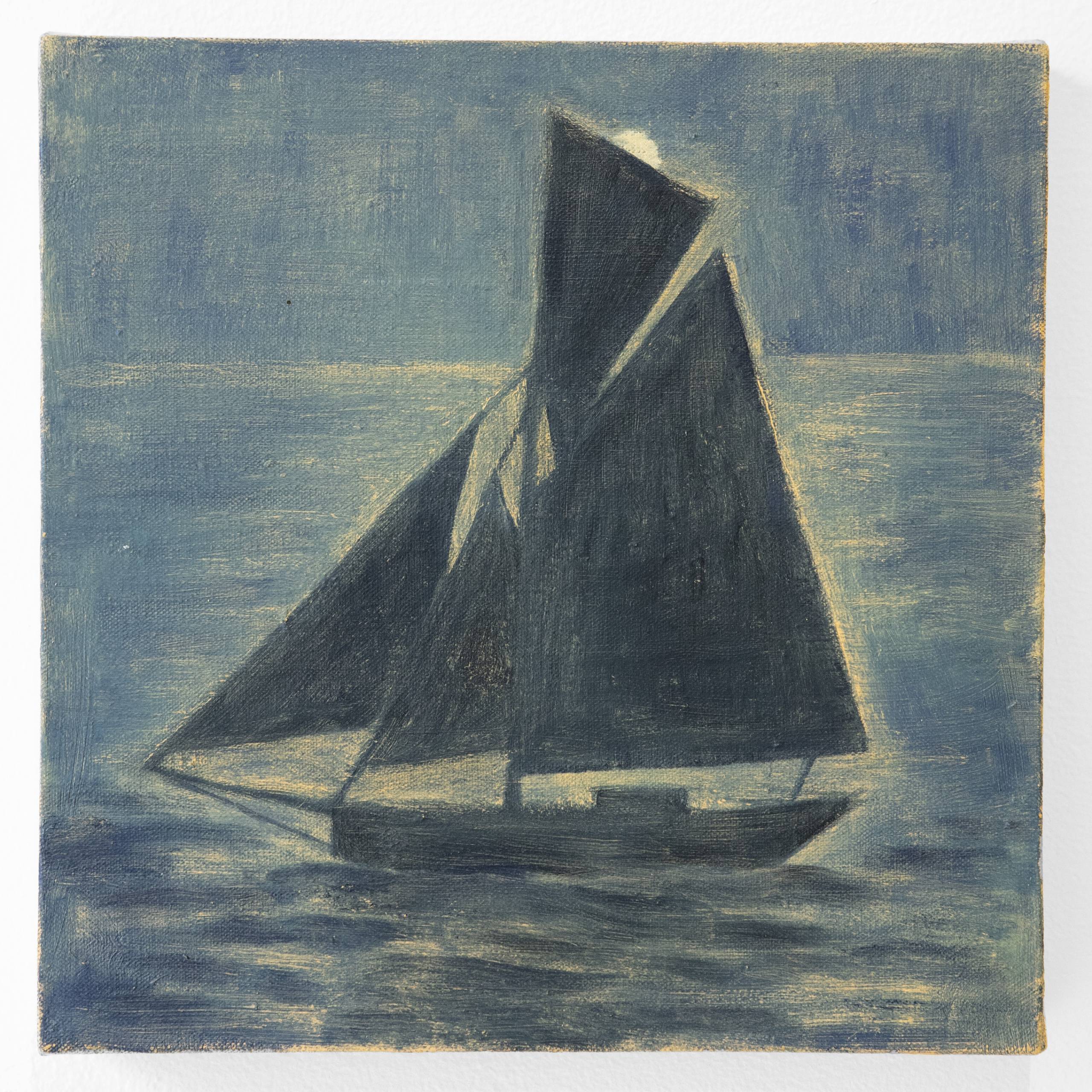Painting of sailboat in silhouette against blue water and sky