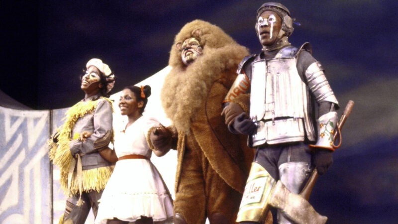 Hinton Battle in costume as the scarecrow, Stephanie Mills as Dorothy, Ted Ross as the lion and Tiger Haynes as the tin man in the original Broadway show of The Wiz in 1975.