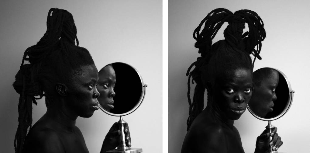 A black-and-white diptych of portraits of a South African woman with an elaborate updo of locs looking at herself, and then the viewer, in the mirror.