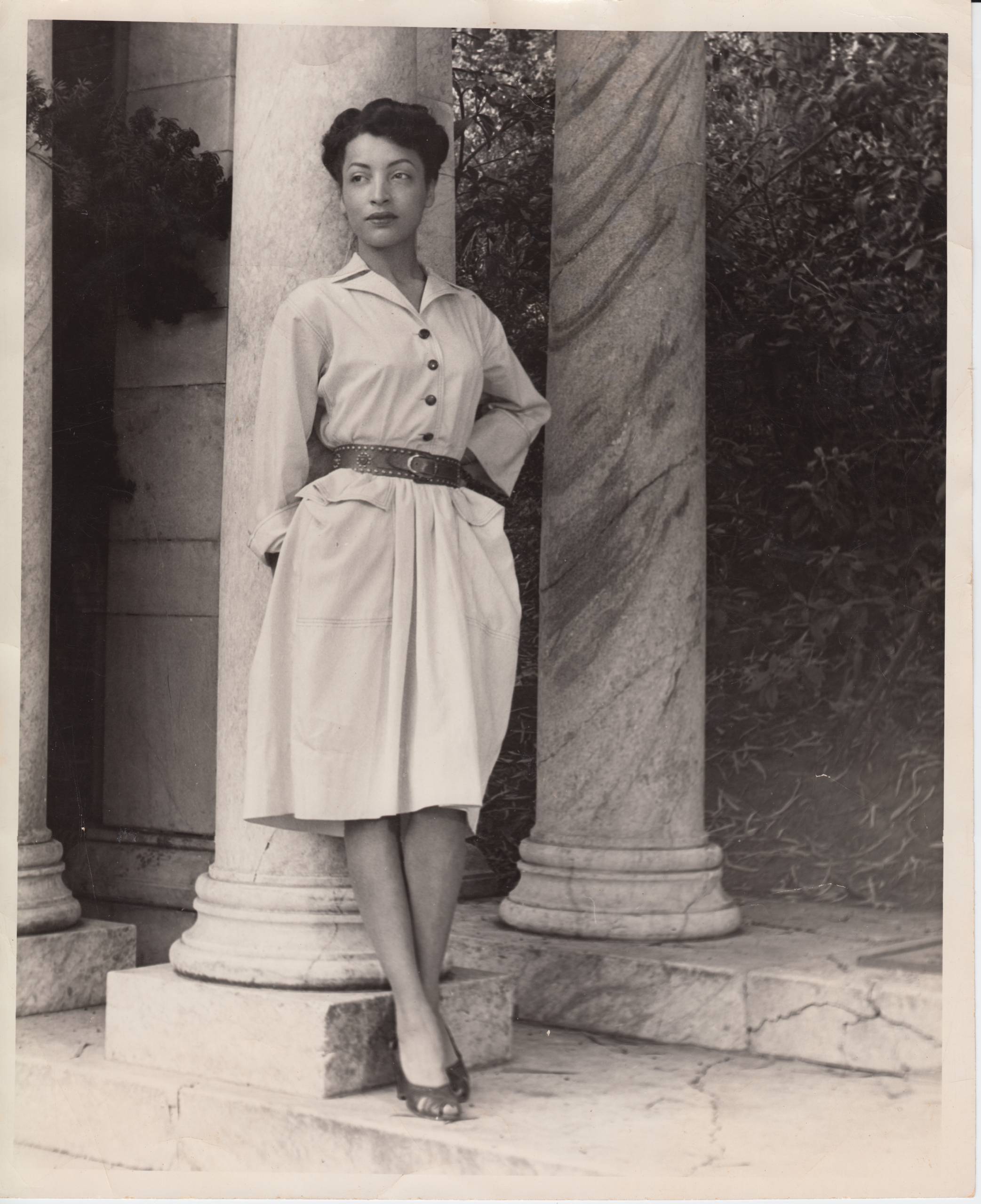 Betty Reid Soskin posing for a photo in the 1940s at Lake Merritt in Oakland.