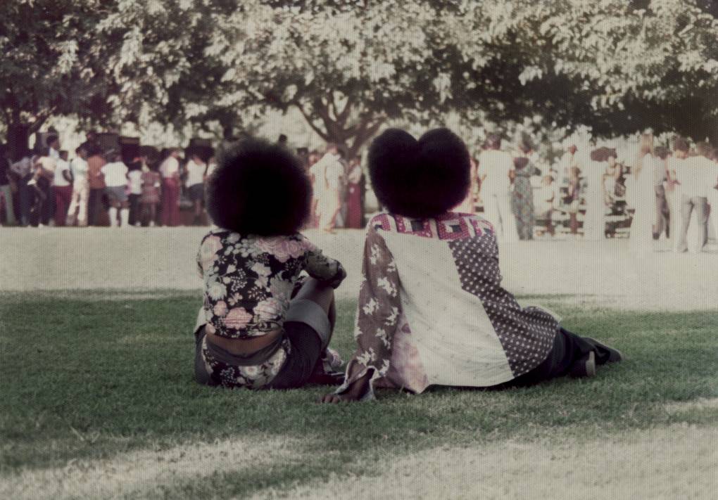 A couple is viewed from behind, while sitting on the grass in a park. Both of them have afro hairstyles, one that resembles a heart.