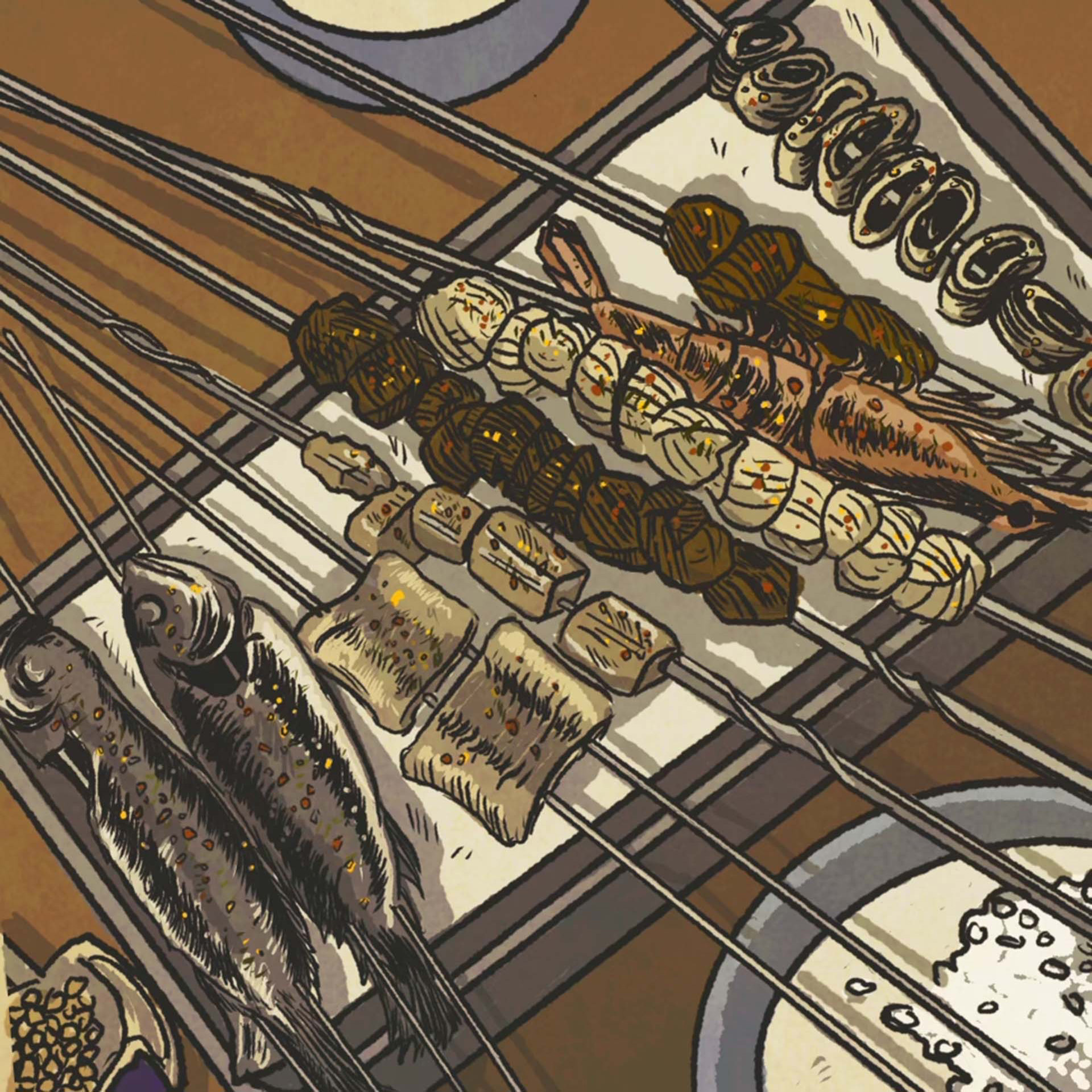 An illustration of a tray of Chinese grilled meat skewers, including kebab-style lamb and beef, pork intestines, whole shrimp and whole fish.