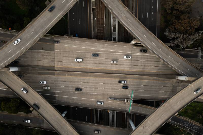 An overhead shot of the MacArthur Maze, an interchange of freeways in Oakland. 