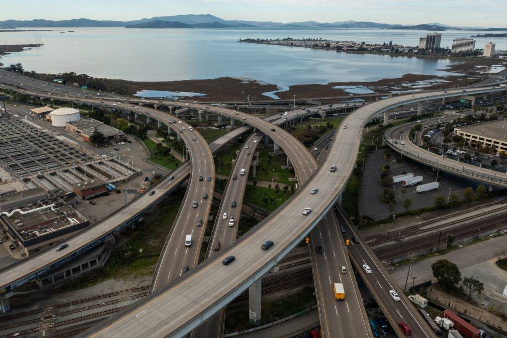 A look from the Heavens at Northern California's freeways and the Bay beyond them.