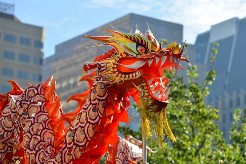 A colorful dragon dances and ushers in the 2014 Chinese New Year in San Francisco.