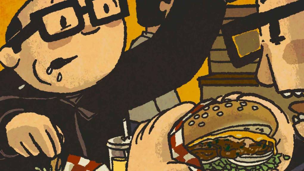 Illustration: Two men in glasses look ravenously hungry as they dig into a burgers and fries.