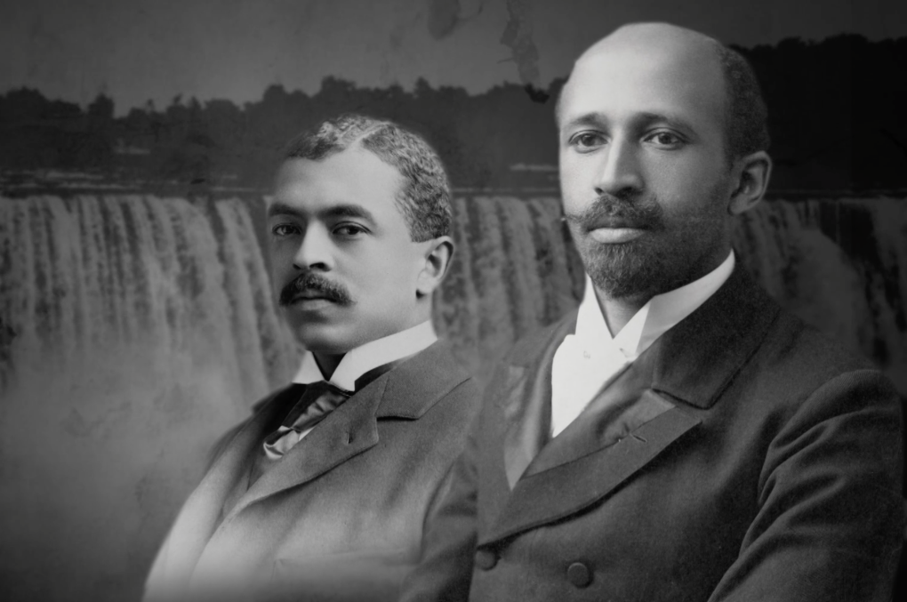 Photographic portraits of two Black men in Victorian suits super-imposed before an image of the Niagara Falls.