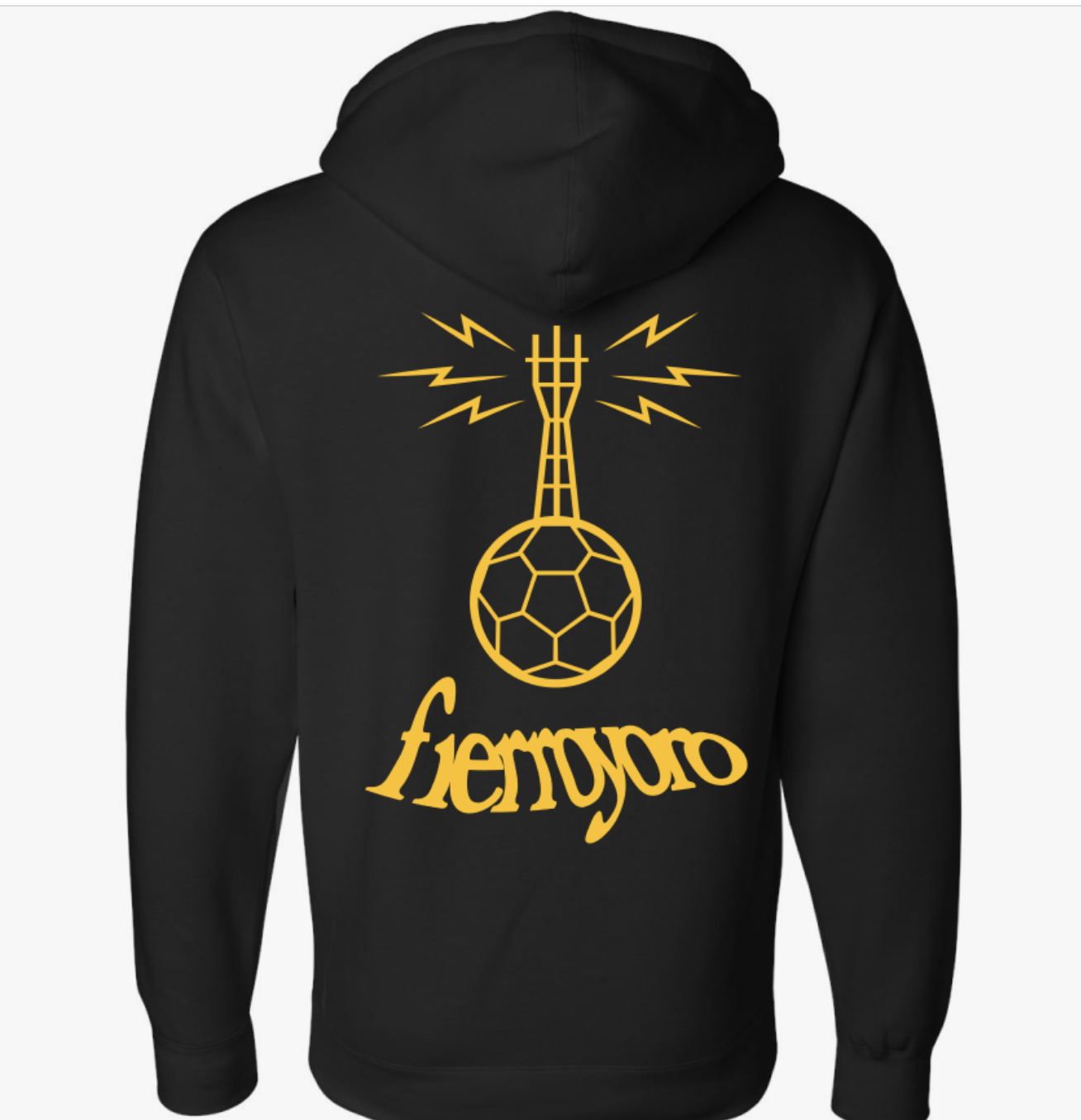 A black hoodie featuring the outline of a soccer ball and San Francisco's Sutro Tower surrounded by lightning bolts.