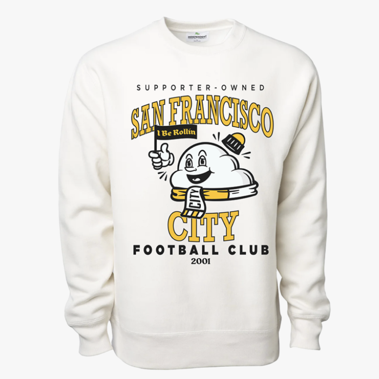 A crewneck sweater featuring a cloud with a happy face waving a flag.