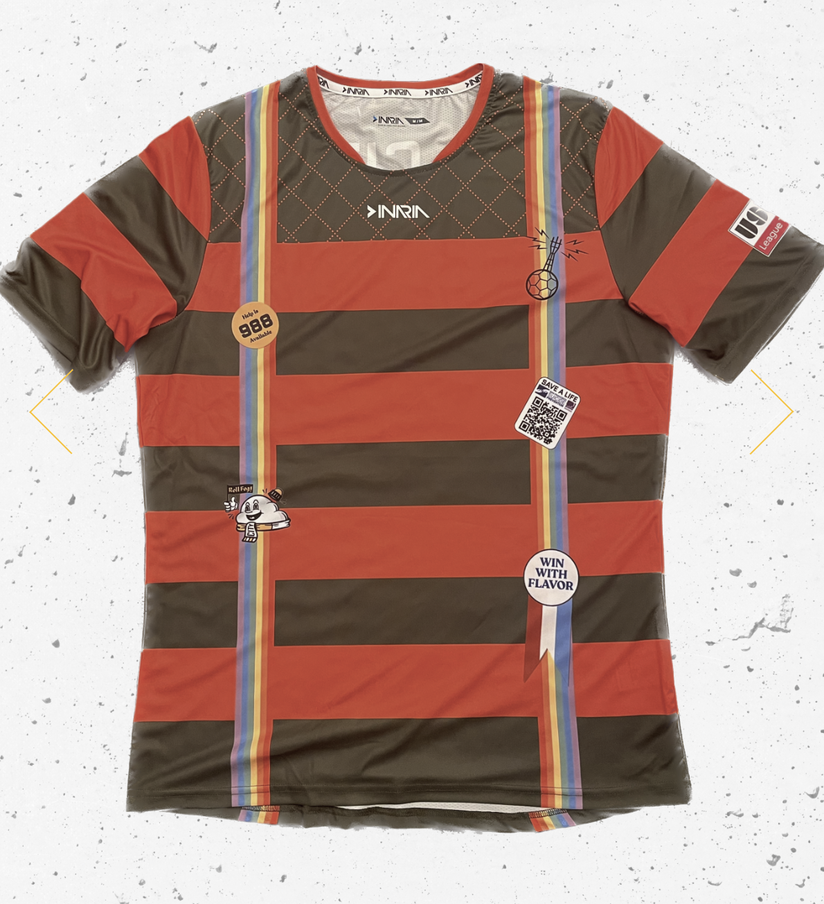 A red and black striped t-shirt with rainbow suspenders worked into the design.
