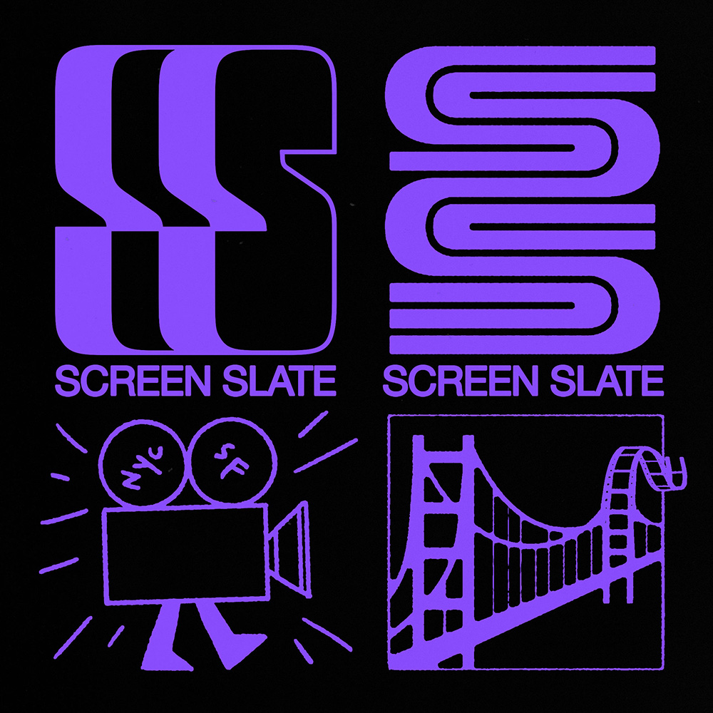 Purple on black graphic with "screen slate" text, cartoonish film projector and Golden Gate bridge