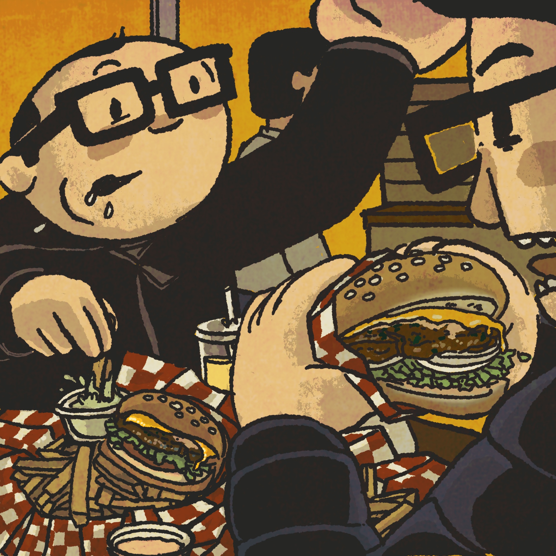 Two men in glasses look ravenously hungry as they dig into a burgers and fries.