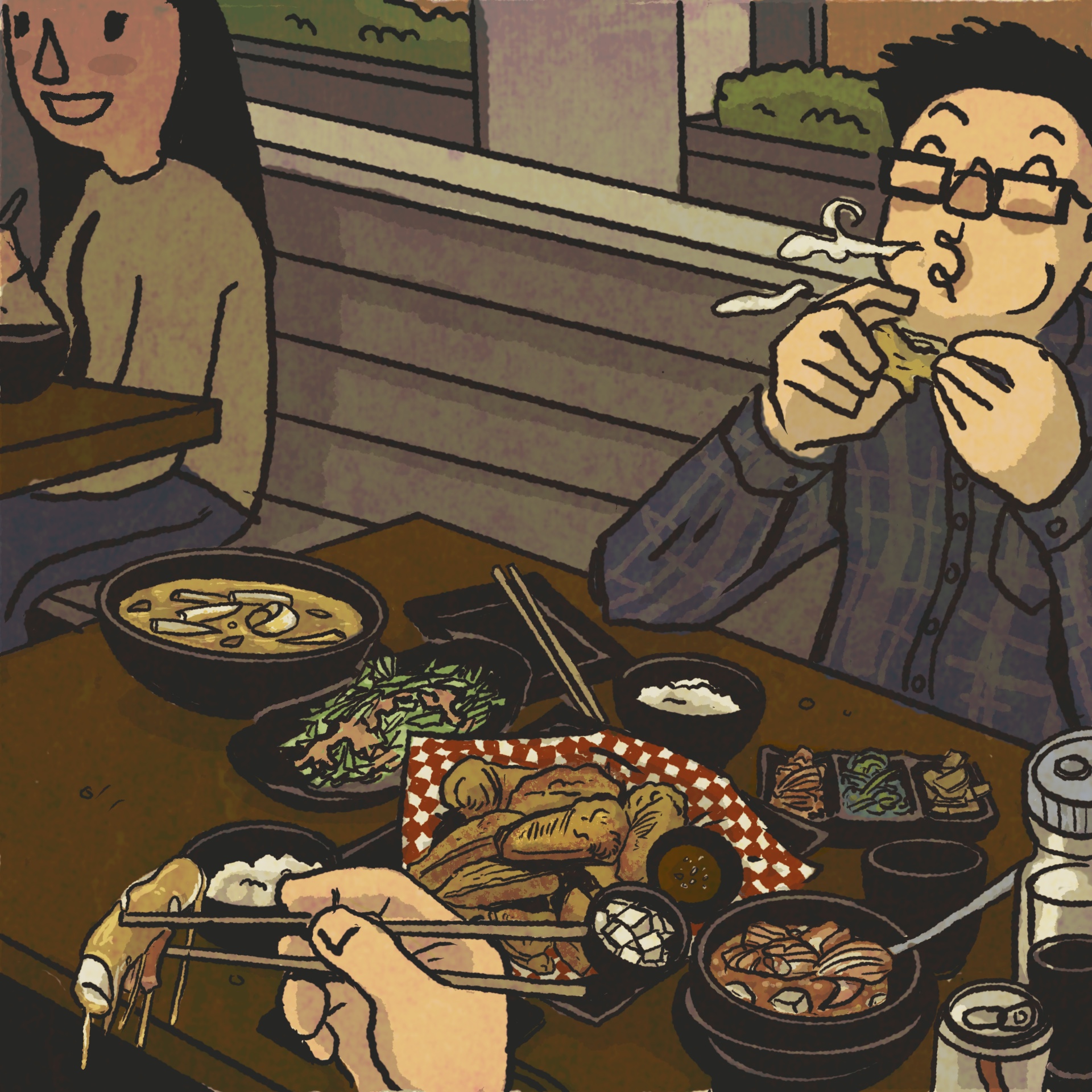 Illustration of a man eating Korean chicken wings in a restaurant. He's blowing air out of his mouth because the chicken is too hot.