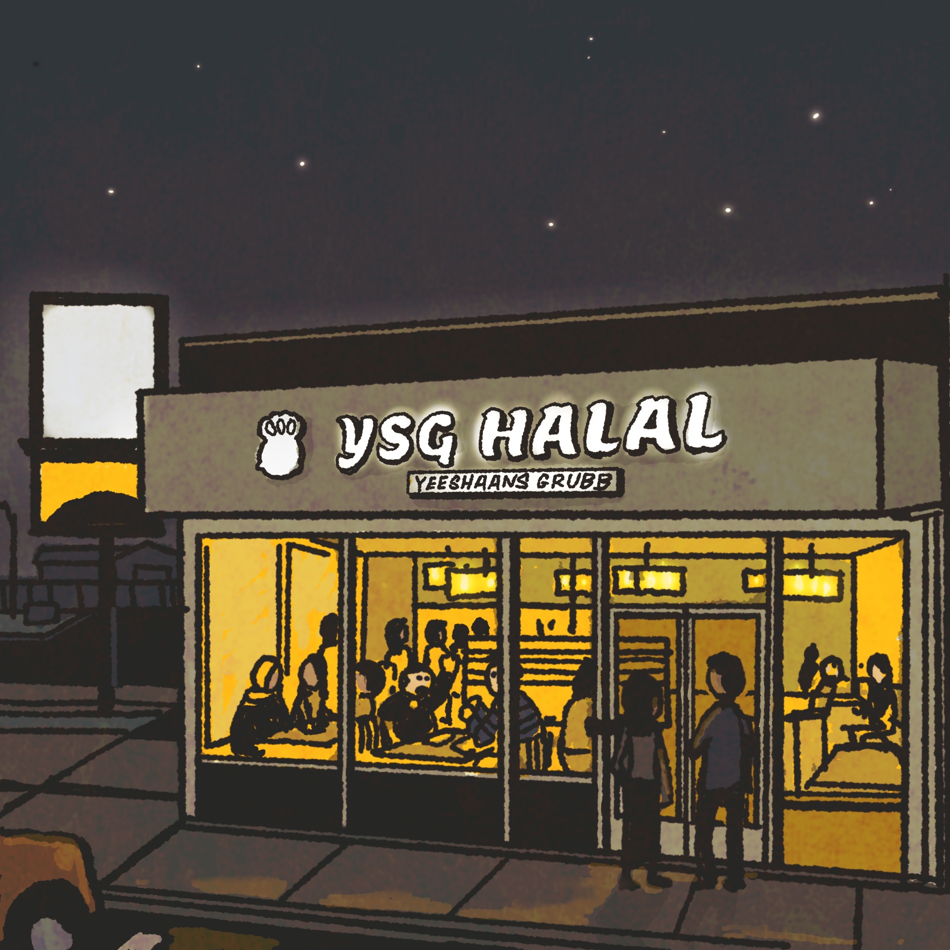 Illustration of a restaurant exterior late at night: It's a small burger shop crowded with customers and lit up from within. The sign reads "YSG Halal YeeShaans Grubb."