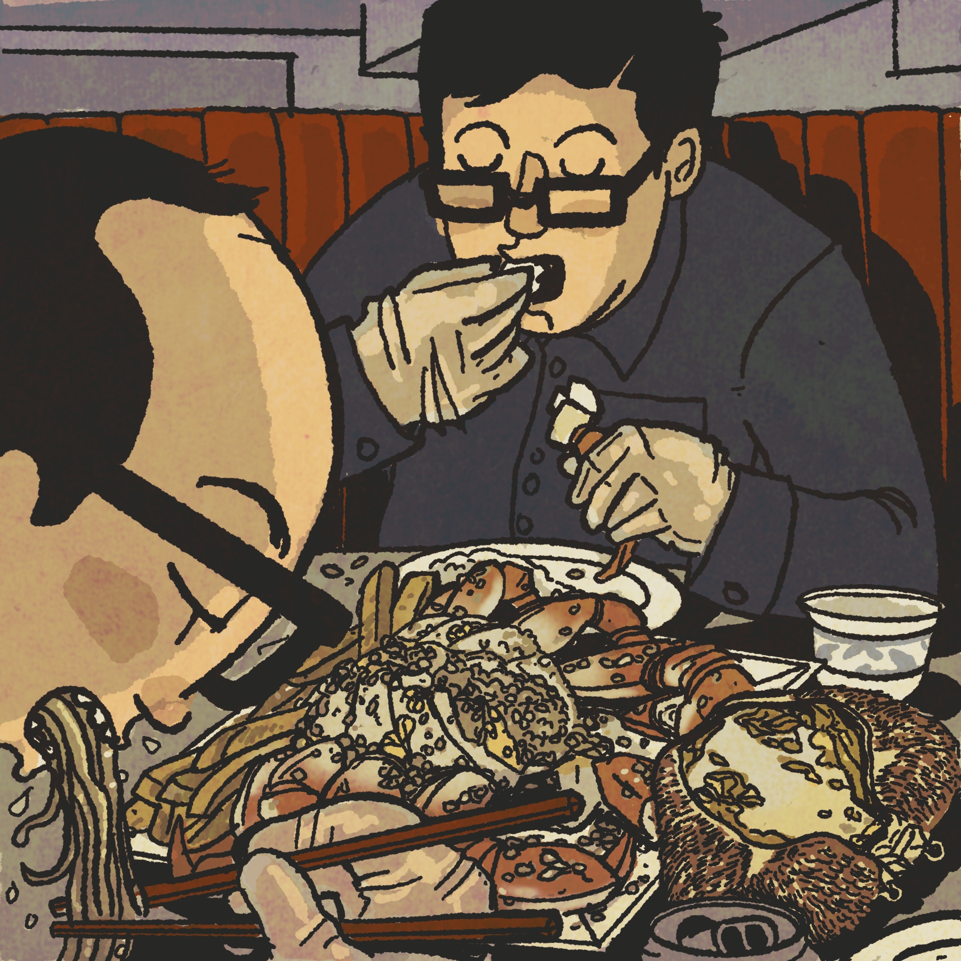 Illustration of two men in glasses eating Dungeness crab enthusiastically, breaking it apart with their hands. They're wearing plastic gloves.