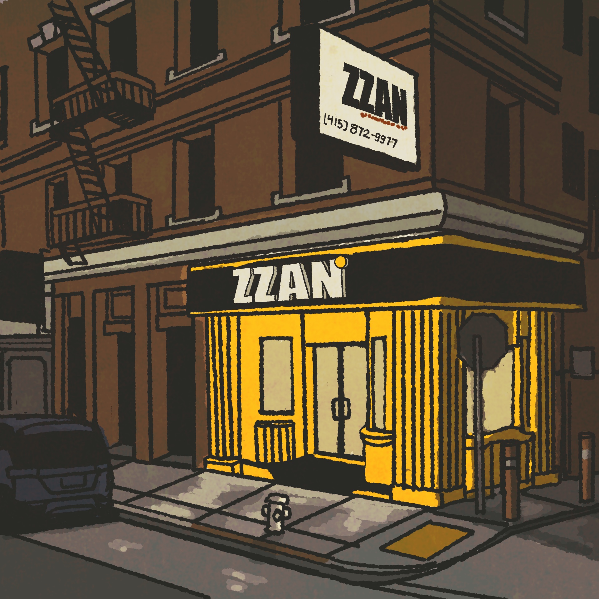 Illustration of the yellow-gold exterior of a restaurant, lit up at night. The sign reads, "ZZAN."