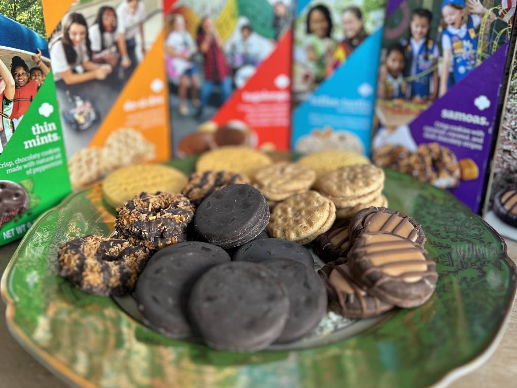 A plate of a variety of cookies sits surrounded by different Girl Scouts Cookie boxes.
