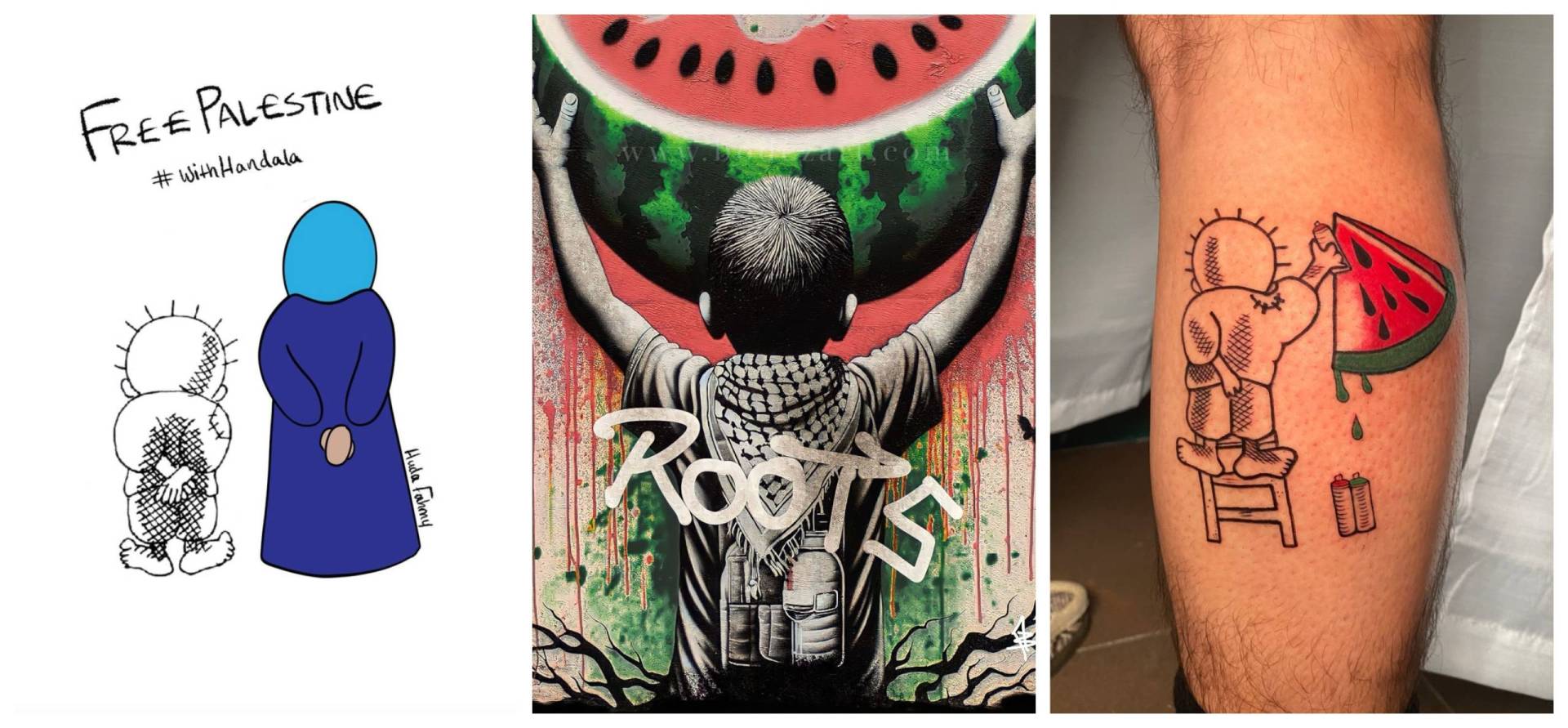 Three images. A cartoon of a two figures with their backs turned, one a small boy, one a girl wearing a hijab. A mural of a small boy holding up a large slice of watermelon. A photo of a leg tattoo featuring a small boy with his back turned.