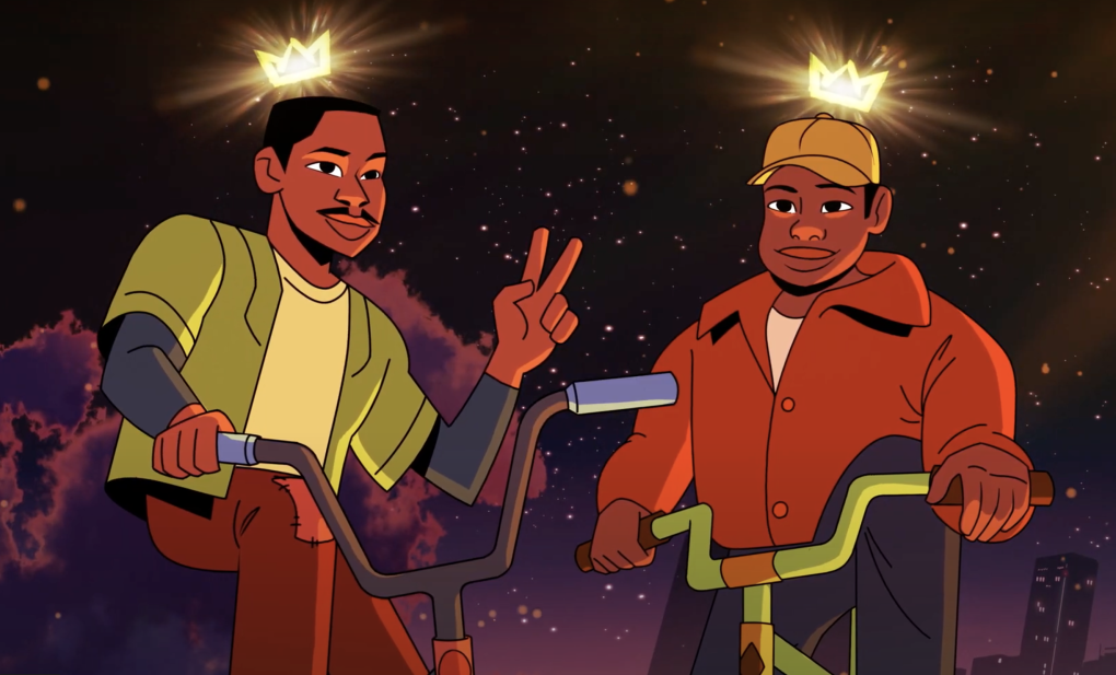 An illustration of two young Black men sitting on bicycles side by side. Both have small gold crowns hovering over their heads.