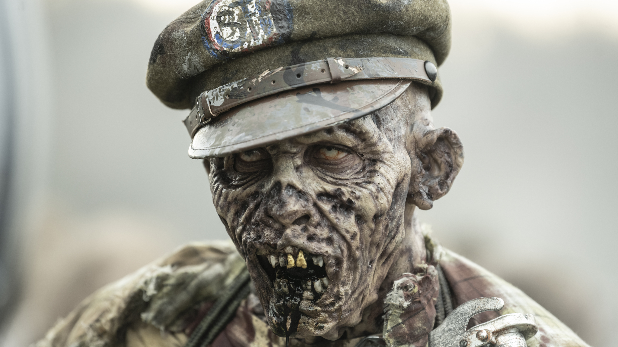 Movie image of a zombie with rotting face. It is wearing a military cap.