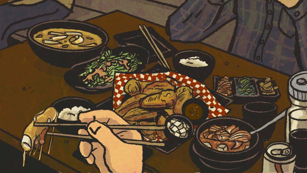 Illustration of a spread of Korean food, including fried chicken wings, kimchi stew, rice cakes in cream sauce, and bowls of white rice.