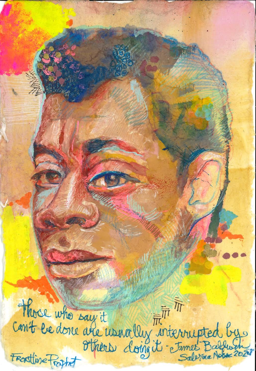 A stoic yet colorful portrait of James Baldwin starring straight ahead.