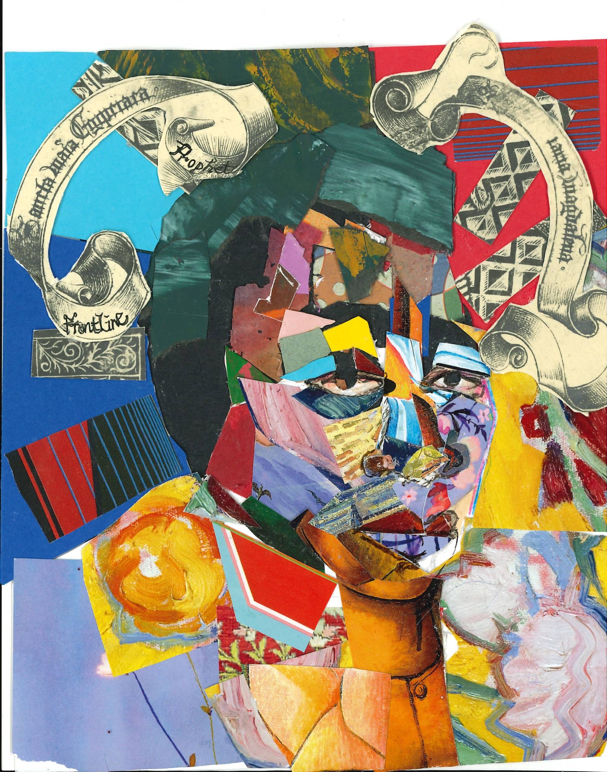 A colorful mixed medium image of James Baldwin, in collage form.