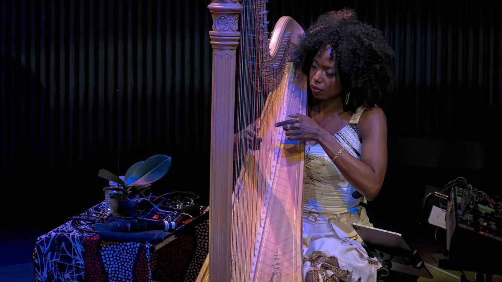 A Black woman sitting in white dress plays the harp with musical equipment and a potted plant nearby