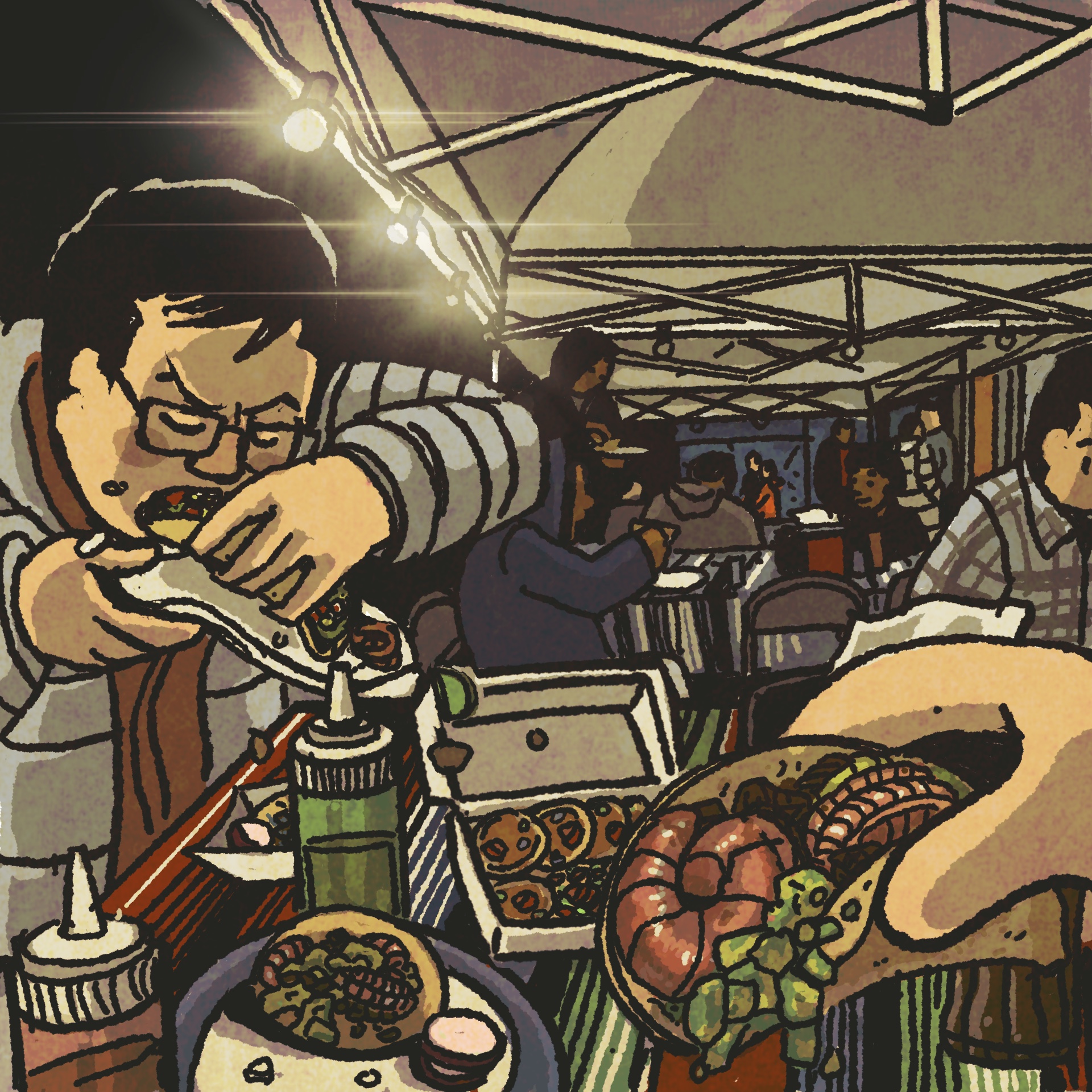 Illustration: In a tented dining area, a man holds a large shrimp taco while his companion stuffs a huarache into his mouth.