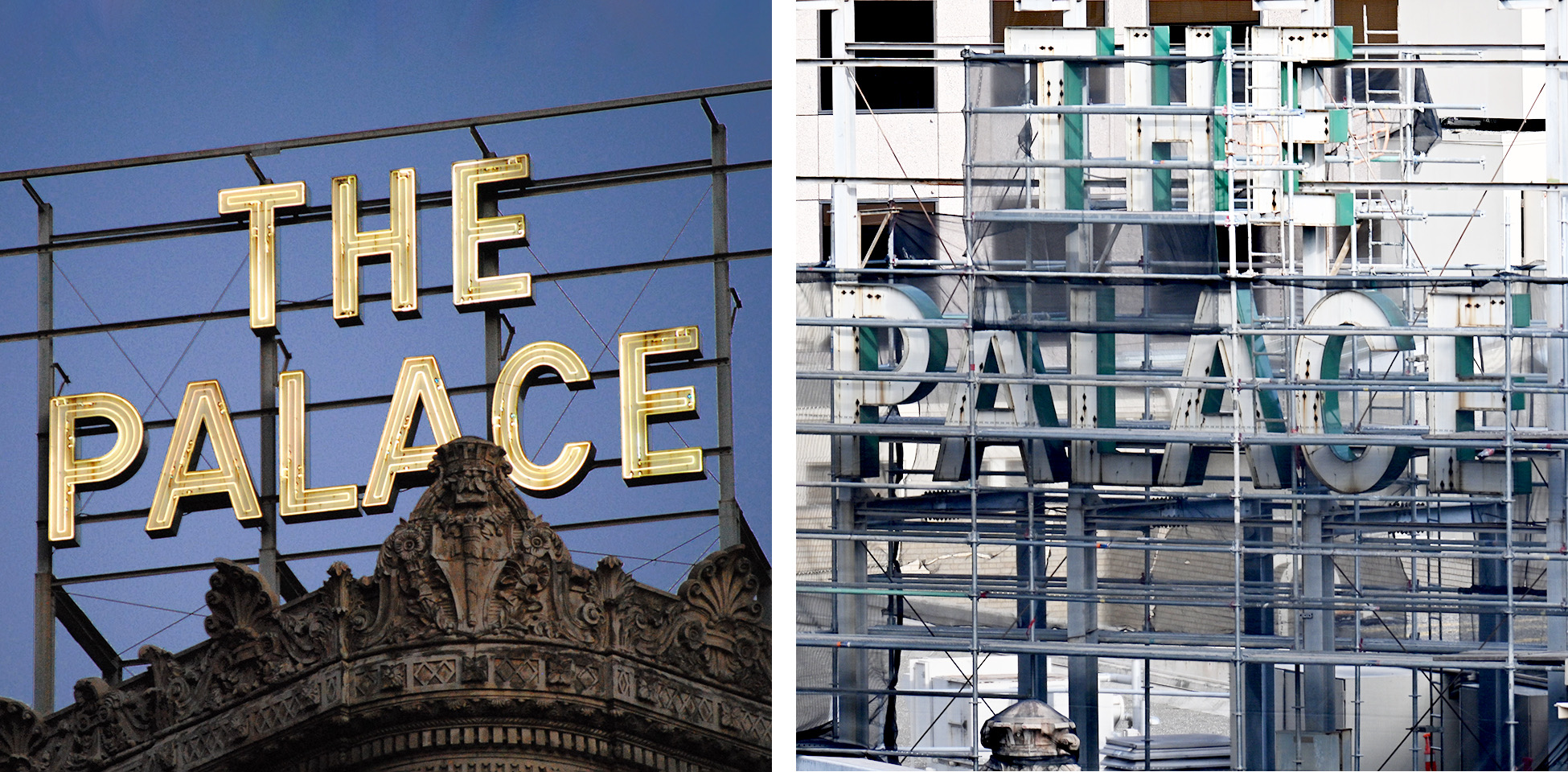 Glowing lettering against sky and scaffolding covering lettering