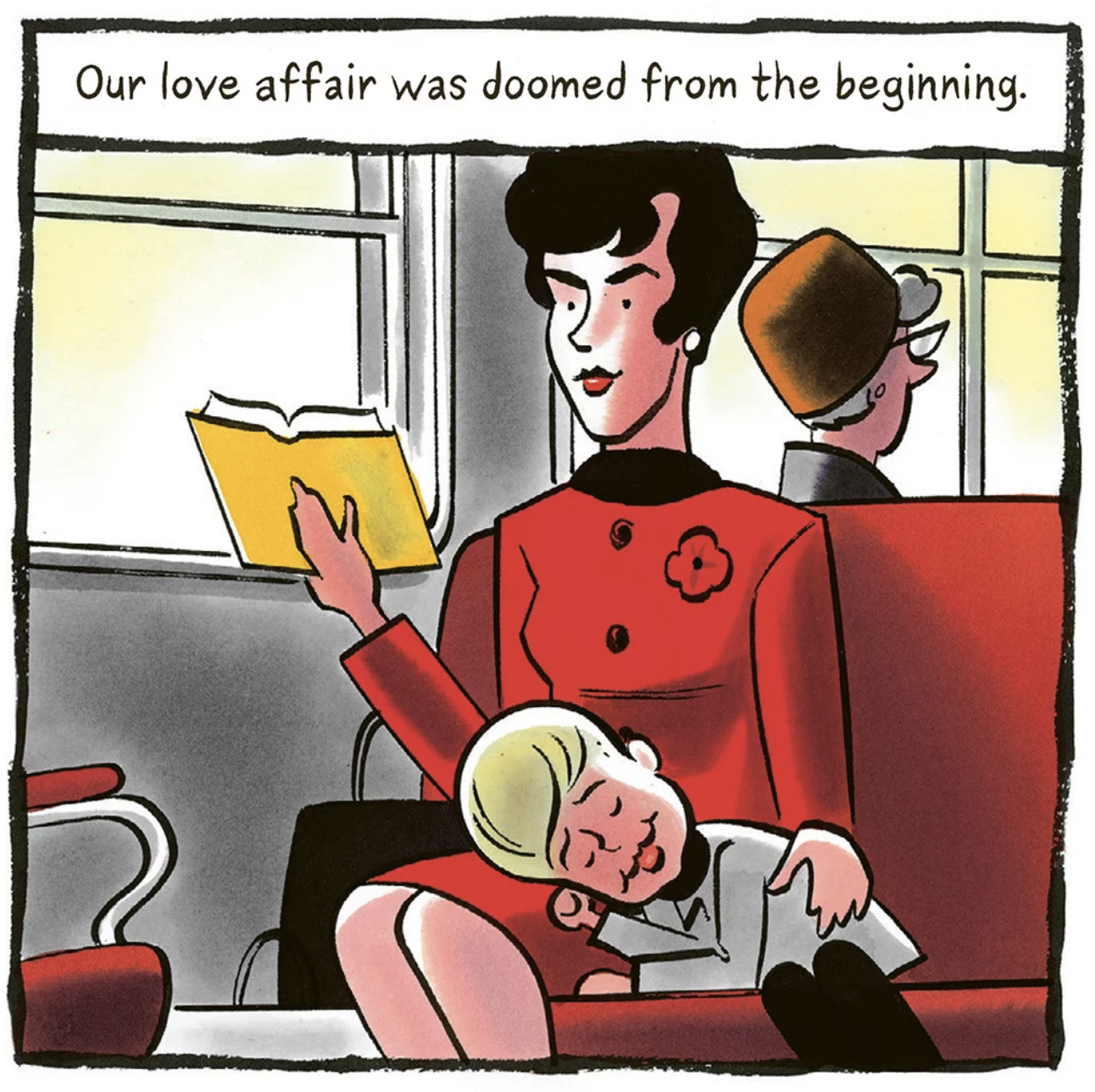 An illustration of a woman reading a book on a train, with a small boy curled up next to her.