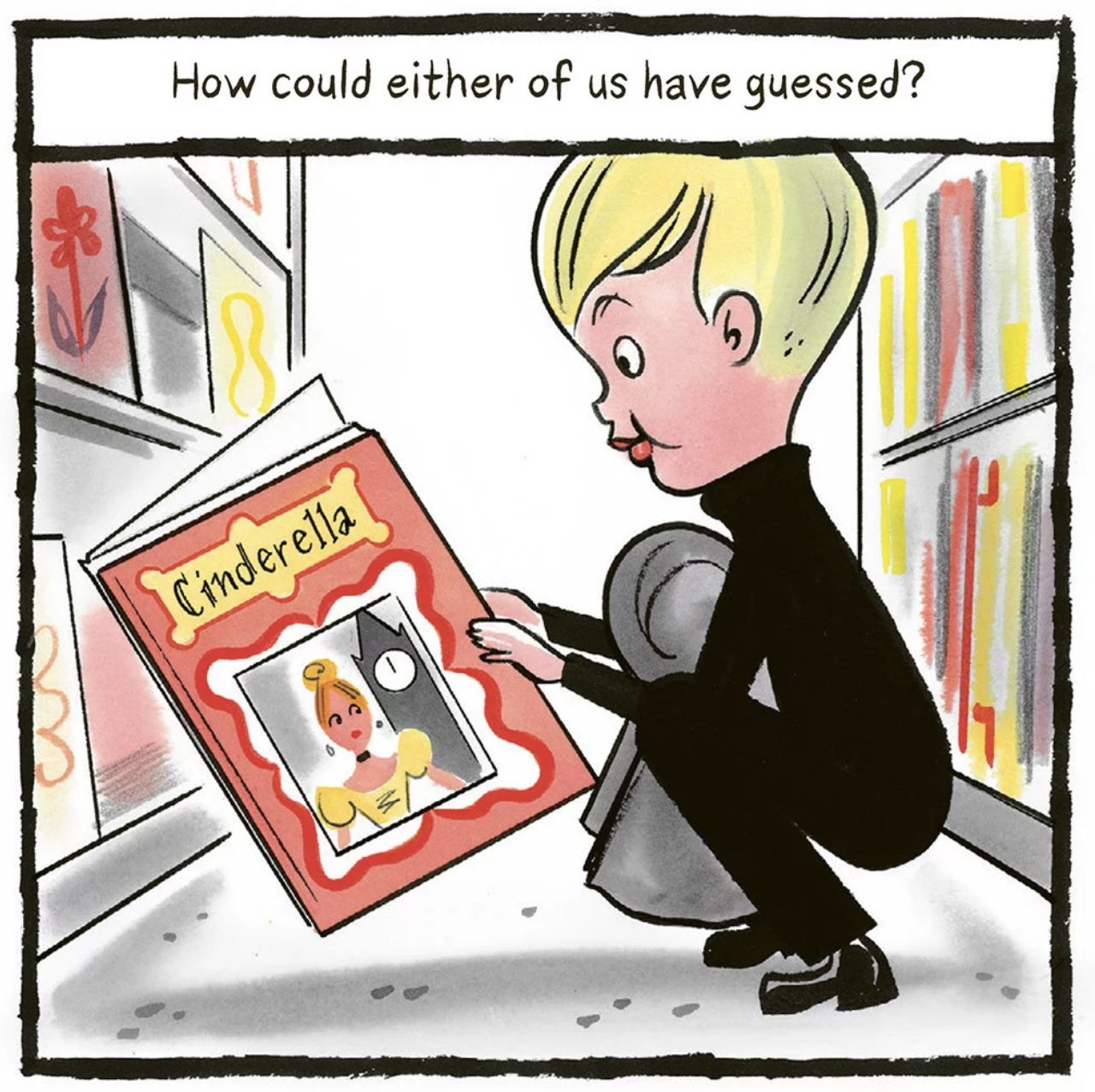 An illustration of a small boy crouched between book cases reading Cinderella.